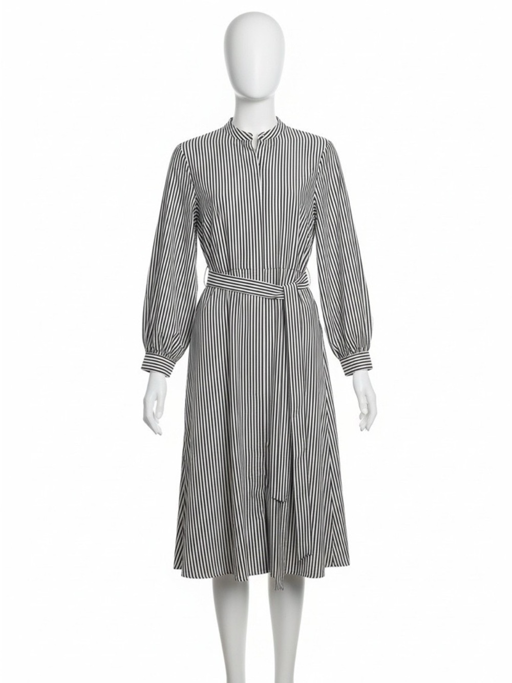 Calvin Klein Black and White Striped Midi Shirt Dress with Tie Waist